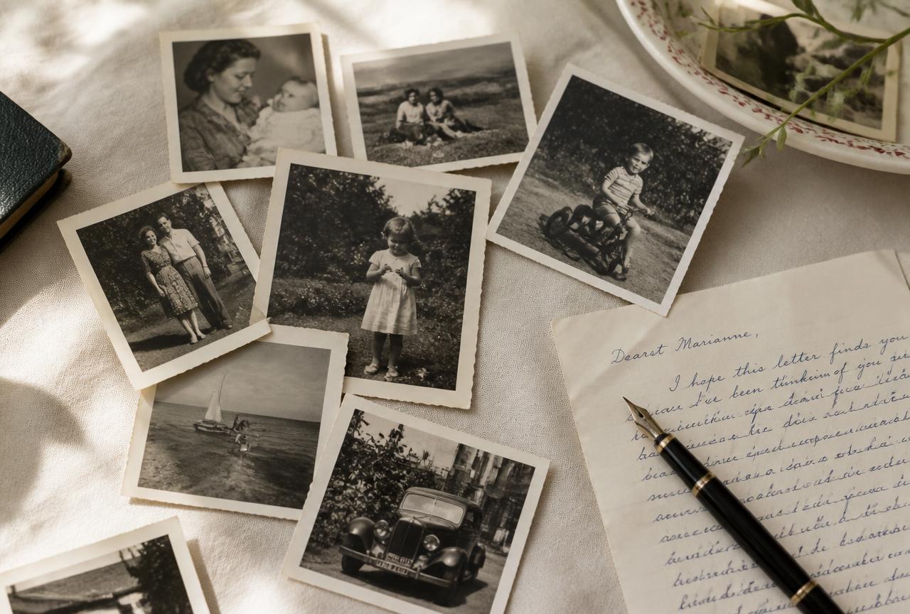 Vintage family snapshots and a handwritten letter spread across a linen tablecloth